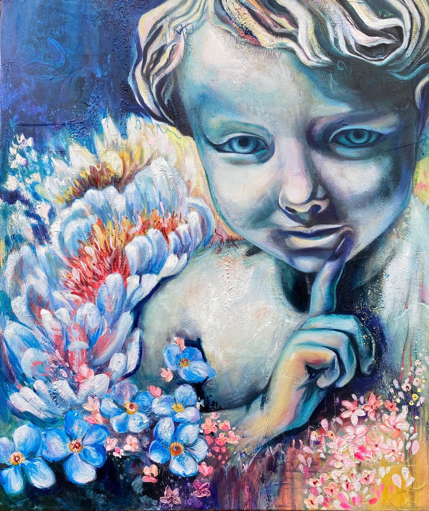 Cherub, Cherub art, Cherub painting, Cherub wall art, Cherub poster, Cherub print, Flower and figure art, Flower art, Figure art