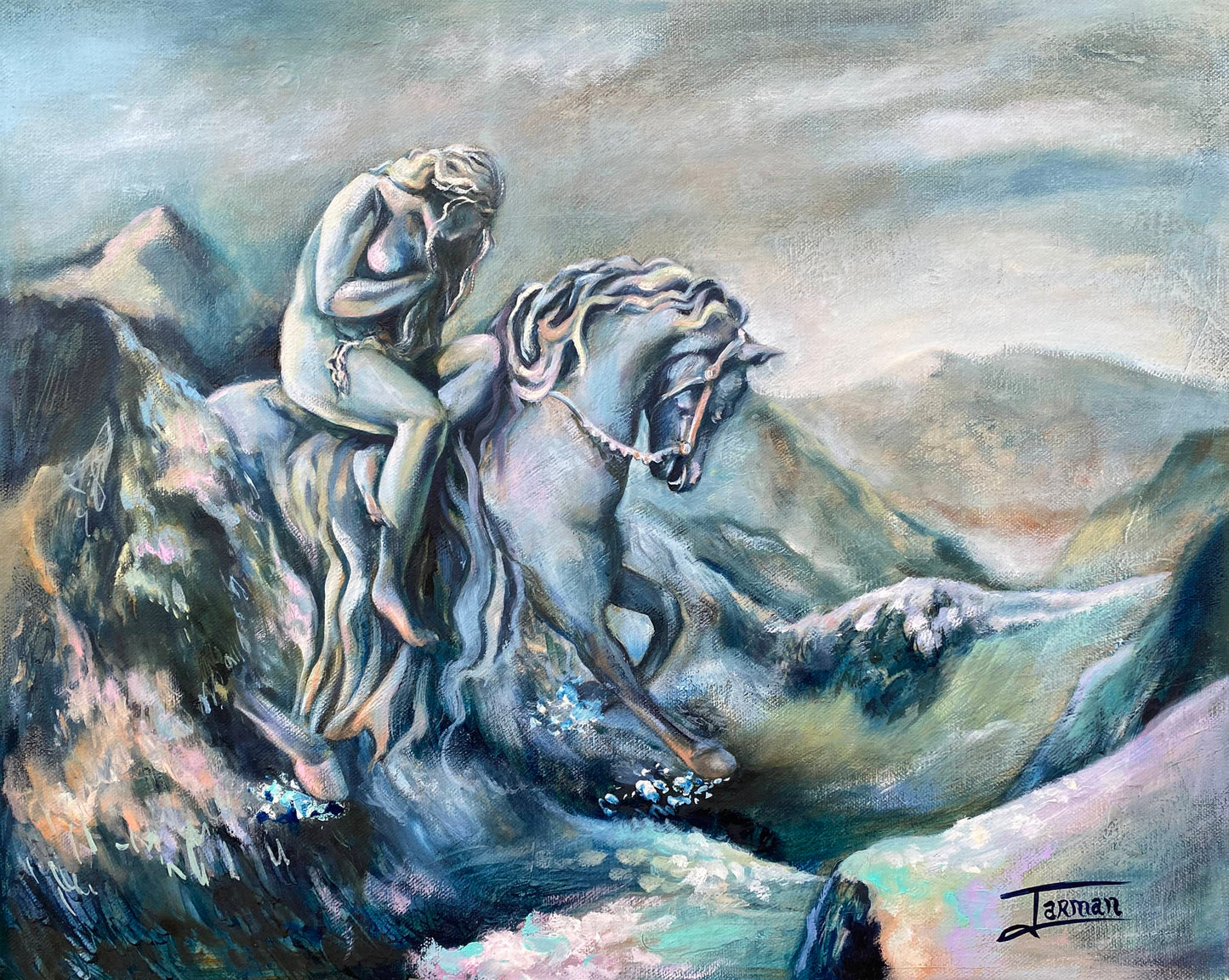 White Horse, Figure painting, horse and rider, equestrian art, mountains, landscape art, breaking mountains, snow landscape