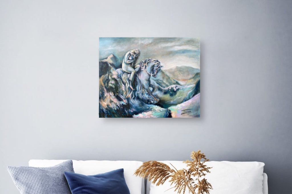 Snow landscape, figure riding horse, horse art, wall art, home decor, poster art, figurative