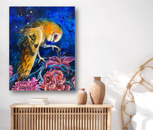 Load image into Gallery viewer, Owl art, owl print, poster art, owl poster, framed art, art in frame, lily flower, bedroom art, wall art, poster, print, nocturnal, owl at night, sleeping, bedtime, night owl. 
