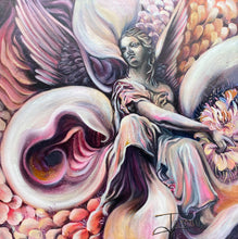Load image into Gallery viewer, Angel, Angel art, Angel artwork, Fairy art, Fairytale, Petals, flowers, colourful angel, pink angel art, pink, orange 
