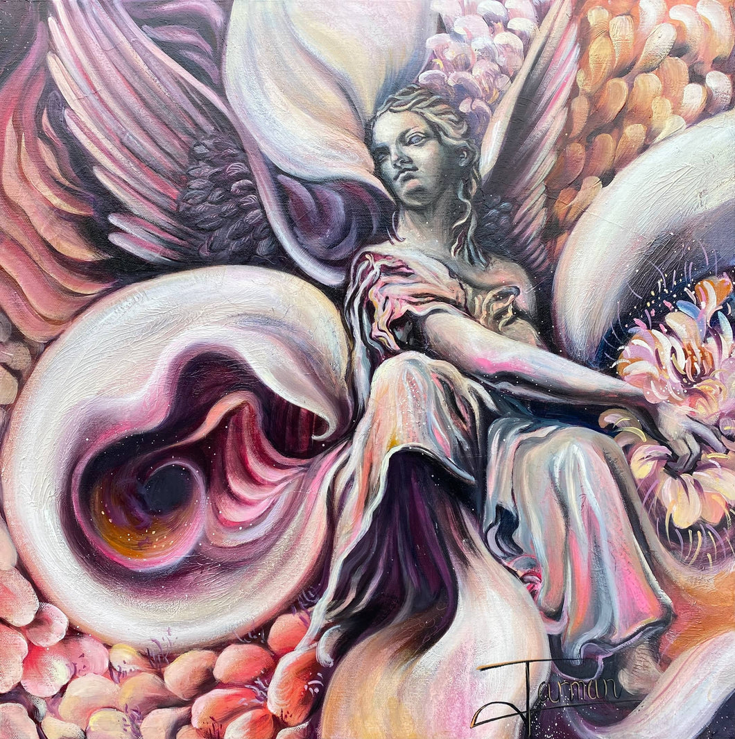 Angel, Angel art, Angel artwork, Fairy art, Fairytale, Petals, flowers, colourful angel, pink angel art, pink, orange 