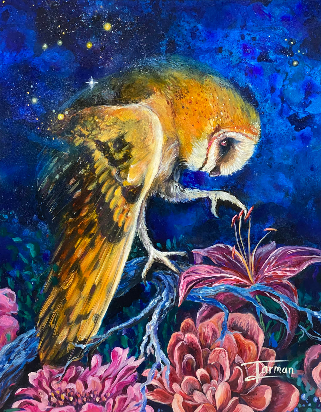Owl, owl art, owl painting, owl at night, lily flower, galaxy art, ink art, oil painting, original art, Katie Jarman, Contrast, Flower petals, flower petals art  